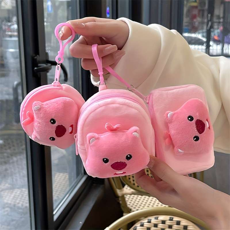 1pc Adorable Pink Beaver Coin Purse Lightweight Cartoon-Style Key Card Holder with Zipper Pock