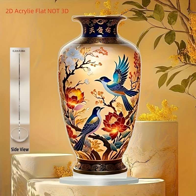1pc 2D Flat   Painting Elegant Acrylic Material Vase with Colorful Floral and Bird Design