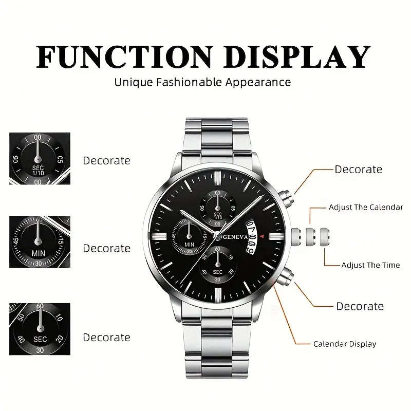 2pcs Watch Set: Stylish Alloy Round Case with Calendar