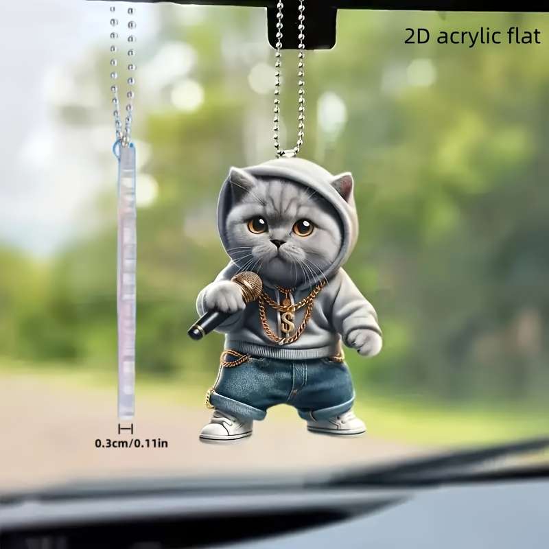 1pc 2D Flat   Acrylic Microphone Blue Cat Car Hanging Pendant for Rearview Mirror Keychain D