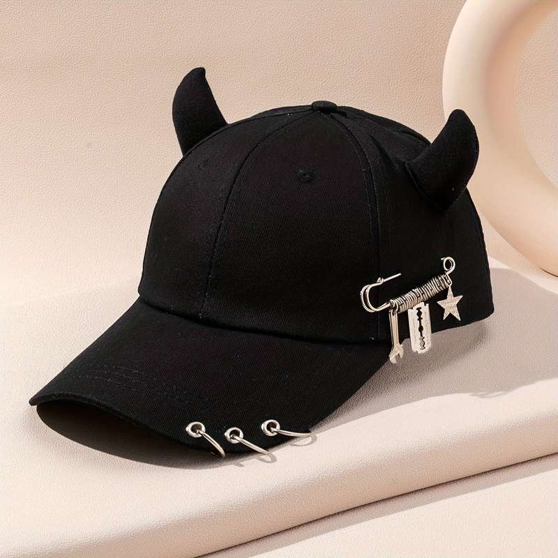 1pc Street Style Hip-Hop Baseball Cap with Unique Horn Accents Safety Pins Charms 100% Polyest