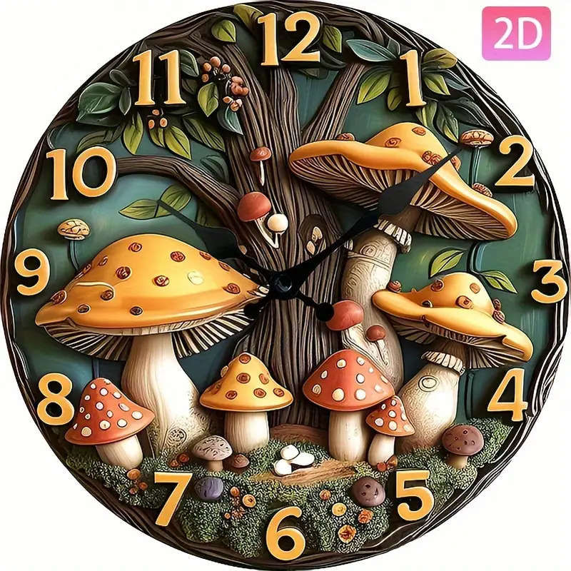 1pc Creative Wooden Wall Clock with 3D Mushroom and Tree Design Silent Analog Clock for Living Room