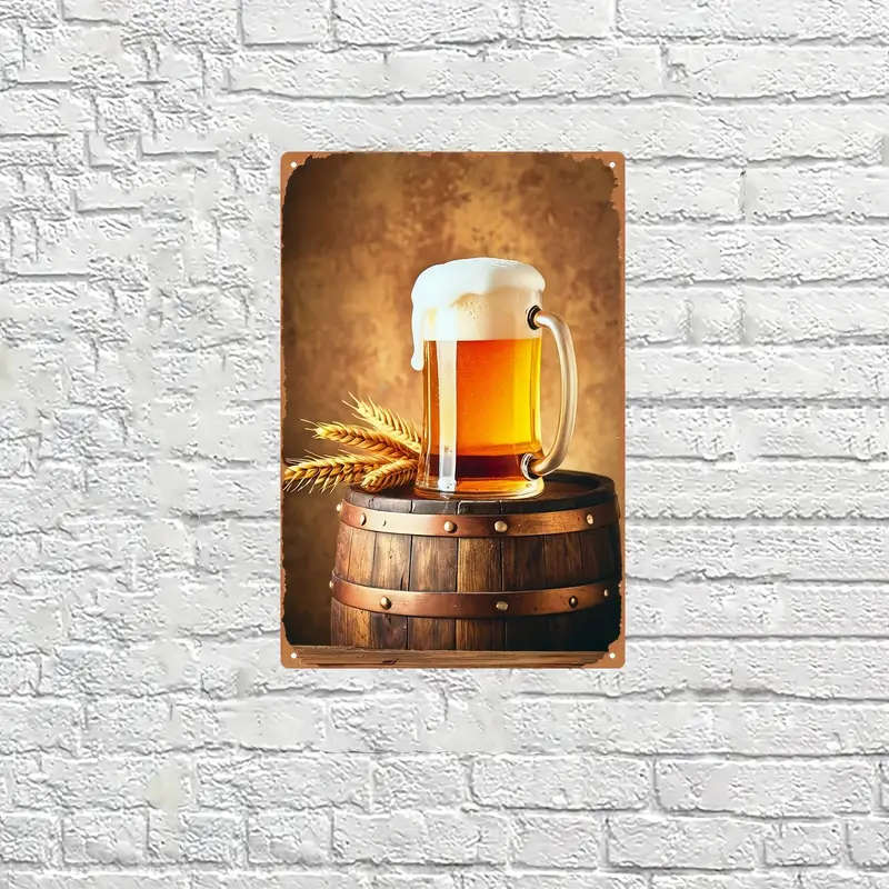 1pc Iron Painting About A Glass Of Beer With Foam On Top Placed On A Wooden Barrel 20x30cm 8x12inch