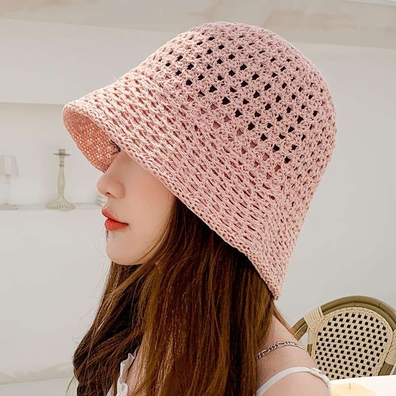 1pc Summer Sun Hat Hollow Out Knitted Polyester Bucket Hat Sun Protection for Fishing