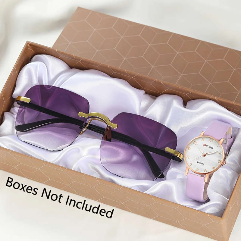 2pcs Set Elegant Pair Chic Women's Quartz Watch Fashion Glasses Set Fashionable Faux Leather Strap Z