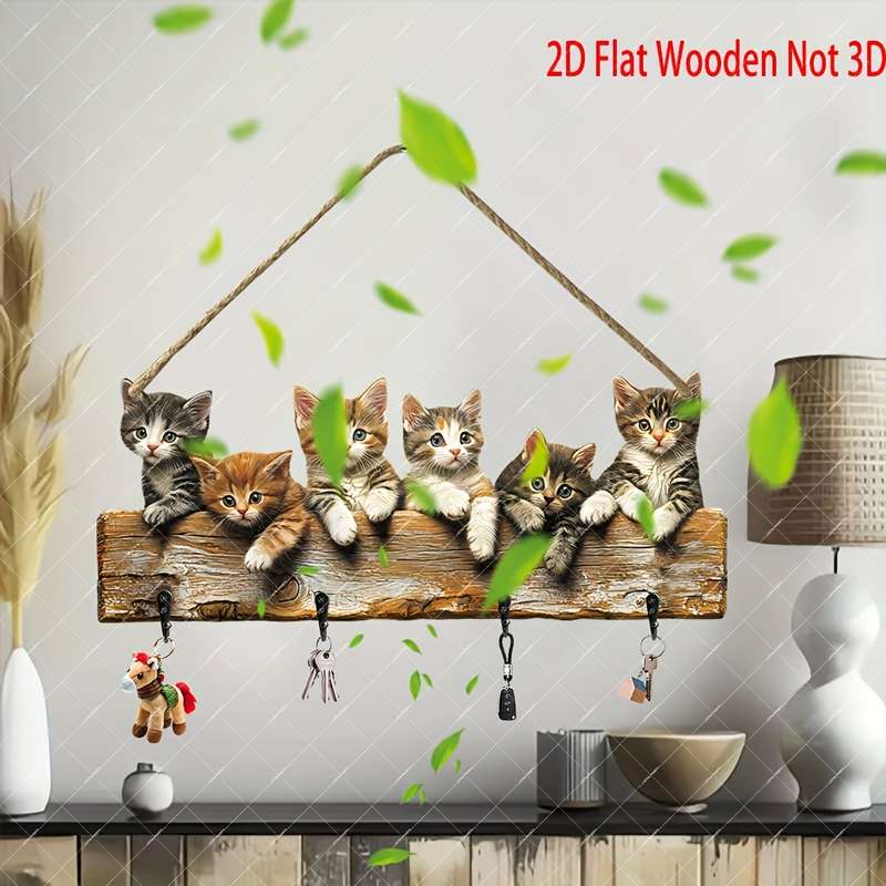 2D Flat Charming 2D Flat Wooden Key Hanger with Adorable Kitten Design"Together We Create Happi