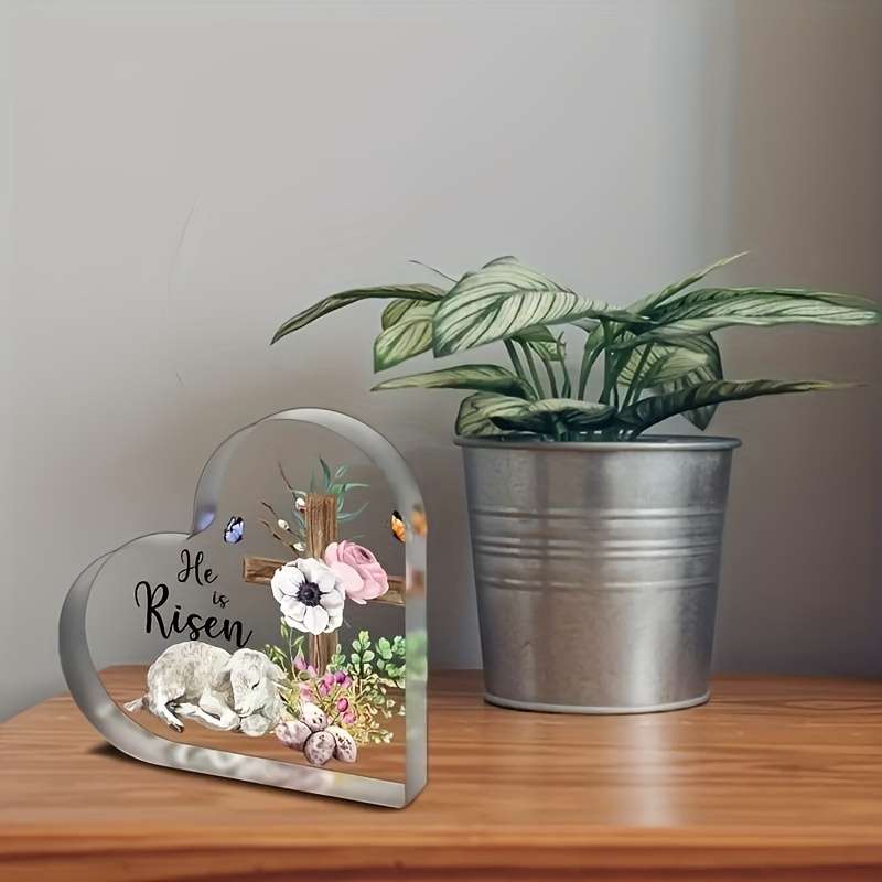 1pc 2D Flat  Heart-Shaped Acrylic Easter Decoration "He is Risen" Lamb and Cross Design with Flor