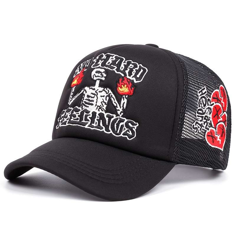 1pc Flame Skull Rose Embroidered Baseball Cap Lightweight Adjustable Snapback for Outdoor Spor