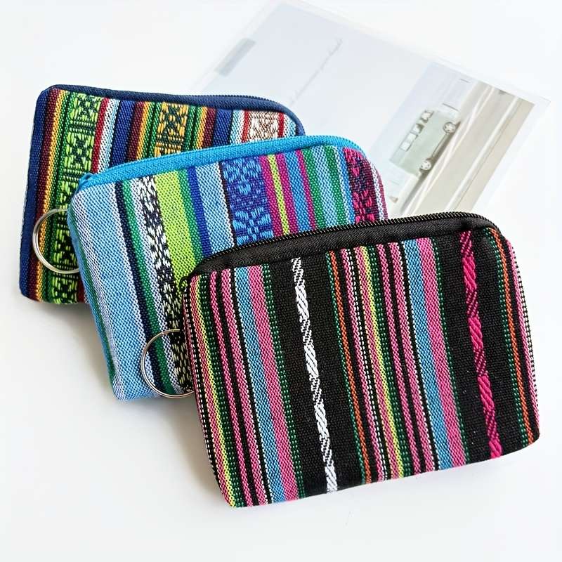 1pc Boho-Chic Retro Striped Canvas Zipper Wallet Lightweight Clutch with Coin Pocket Multifuncti