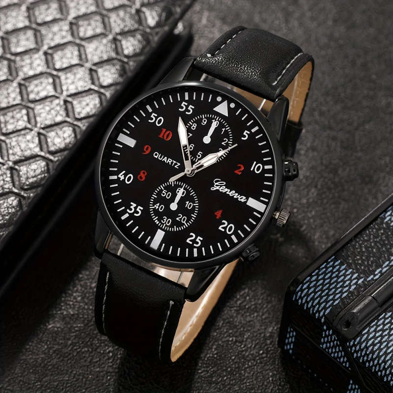 4pcs Fashion Quartz Watch Set with Faux Leather Strap Classic Bracelets Sporty Round Dial Zinc Alloy