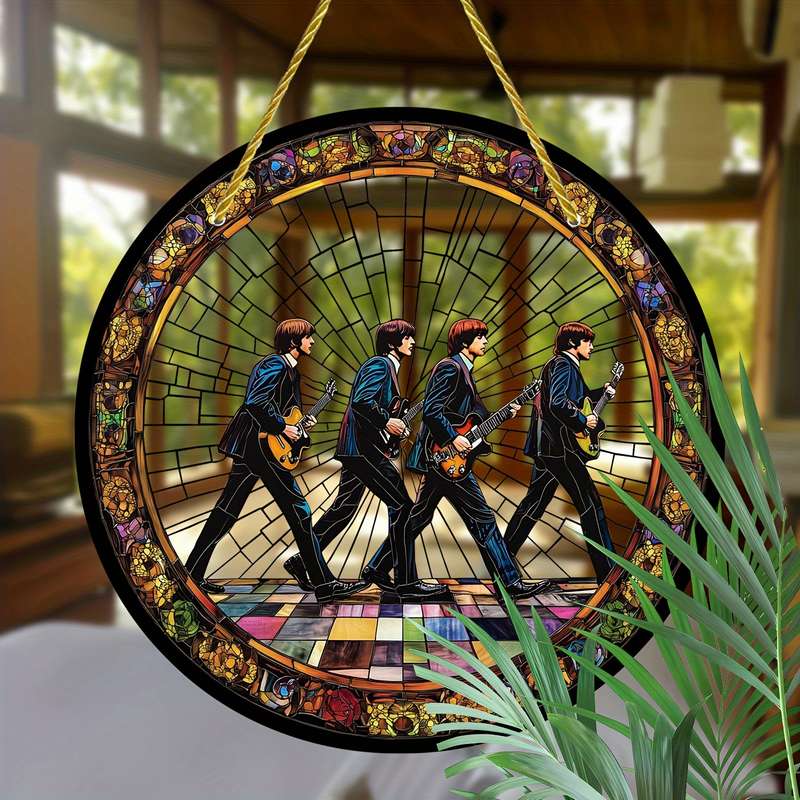 1pc 2D Flat 20.32cm Round Acrylic Sun Catcher with Stained Glass Style Iconic Beatles Design Vi