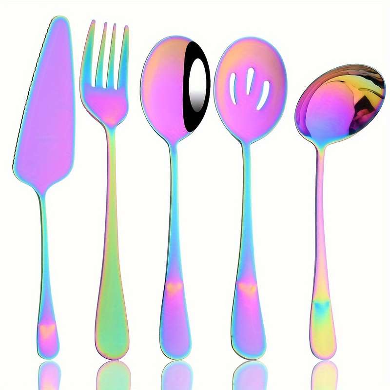 5pcs Colorful Stainless Steel Utensil Set Soup Spoon Ladle Salad Fork Cake Server Kitchen