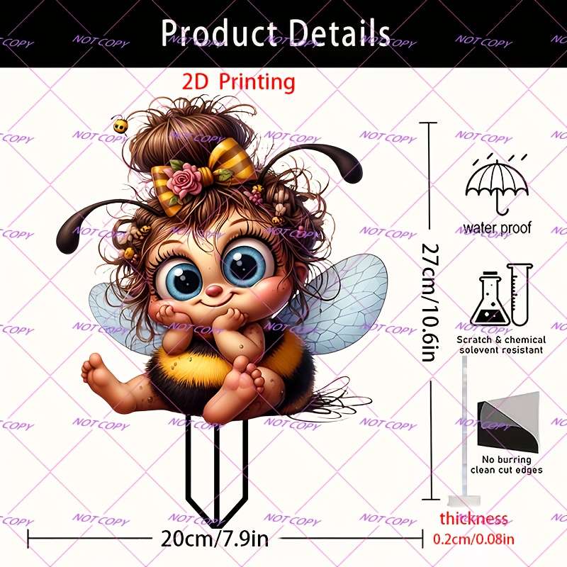 1pc 2D Flat  Whimsical  Printed Bee Garden Stake Adorable Cartoon-Style Bee with Flower Cr