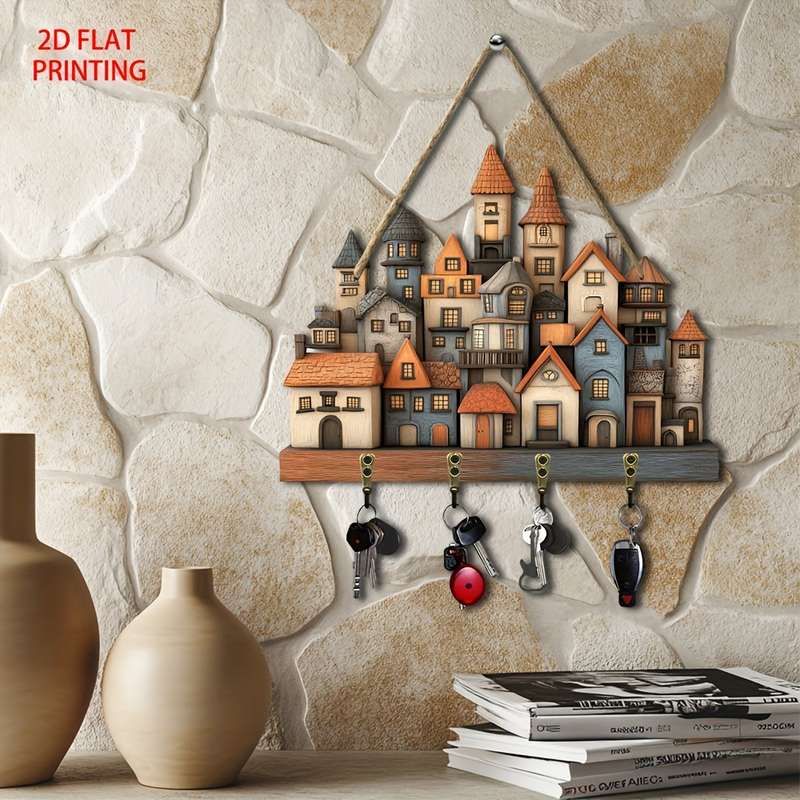 2D flat 1pc Charming urban cottage wooden key hanger (30cm x 23cm) with four metal hooksversati