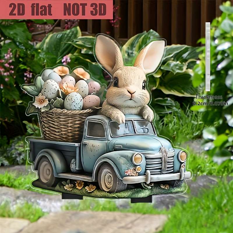 1pc 2D Flat  acrylic charming bunny and retro truck garden piles Easter themed outdoor d