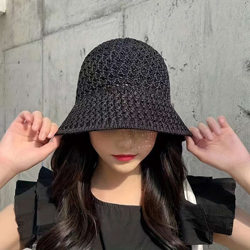 1pc Summer Sun Hat Hollow Out Knitted Polyester Bucket Hat Sun Protection for Fishing