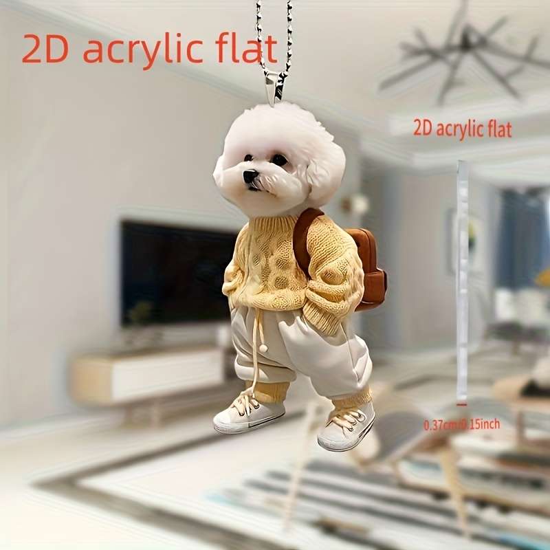 1pc 2D Flat   Acrylic Flat Cute Teddy Dog Keychain with Backpack Yellow Sweater White Sneak