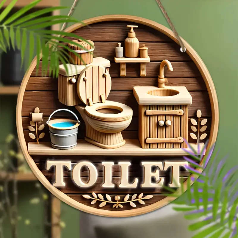 1pc Charming 20.32cm x 20.32cm Wooden Toilet Sign Rustic Bathroom Decor with Toilet Basin Leaf Motif