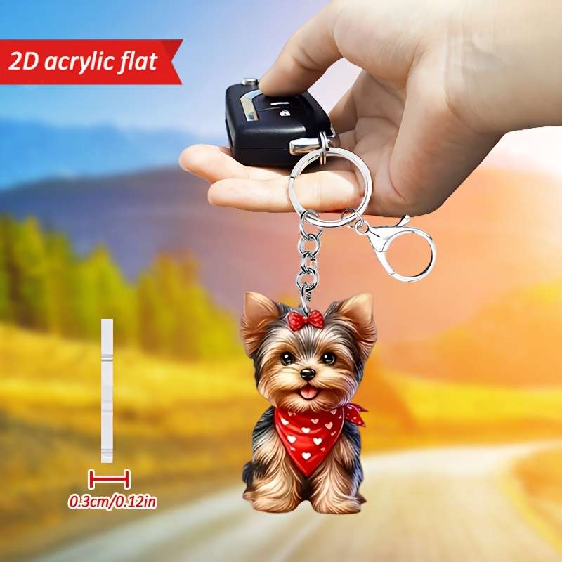 1pc 2D Flat   Cute Yorkshire Terrier Pattern Keychain Novel Acrylic Design Key Chain Decoration