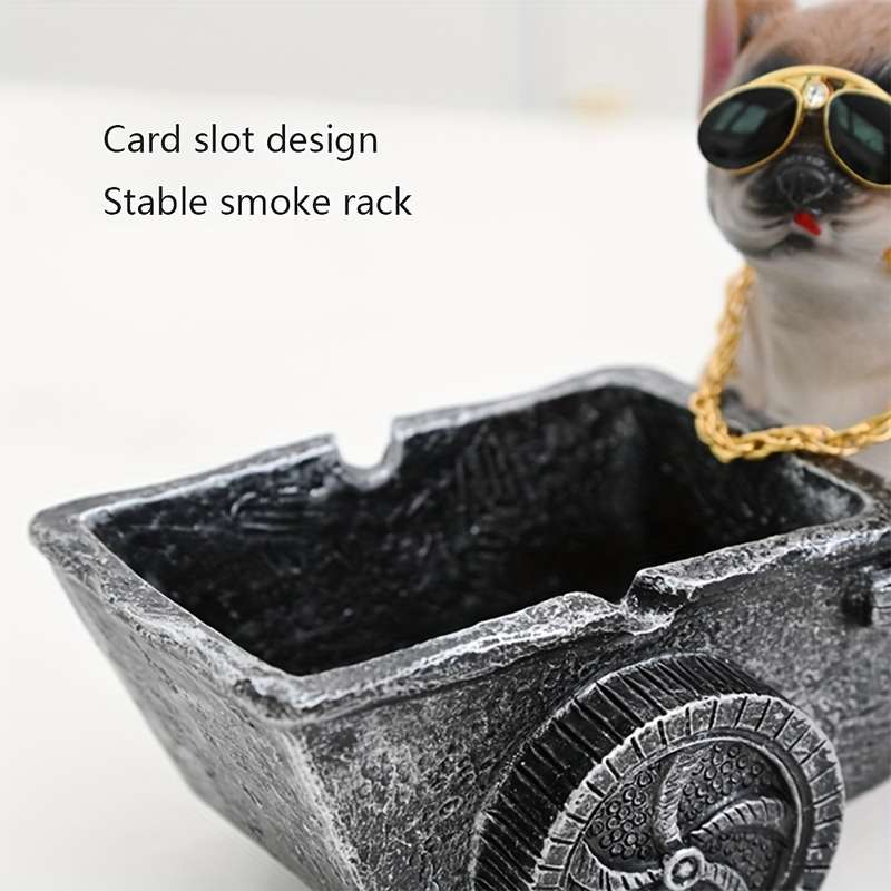 1pc Art Deco Resin Dog Ashtray with Glasses and Golden Chain Creative Decorative Pet Cart Design