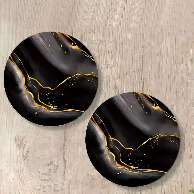 1Set of 6 Black And Golden Marble-Patterned Wooden Coasters Heat-Resistant And Perfect for Home Use