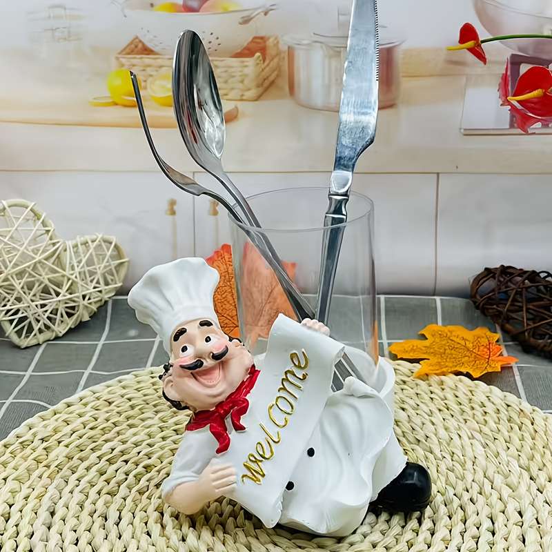 1pc Cartoon Chef Acrylic Knife Fork Holder Polished Metal Finish Compact Kitchen Counterto