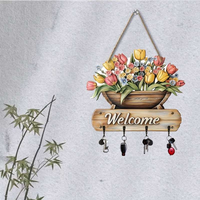 2D Flat 1pc flowers welcome simple colorful wood with home key hanger with four metal hooks (30.0