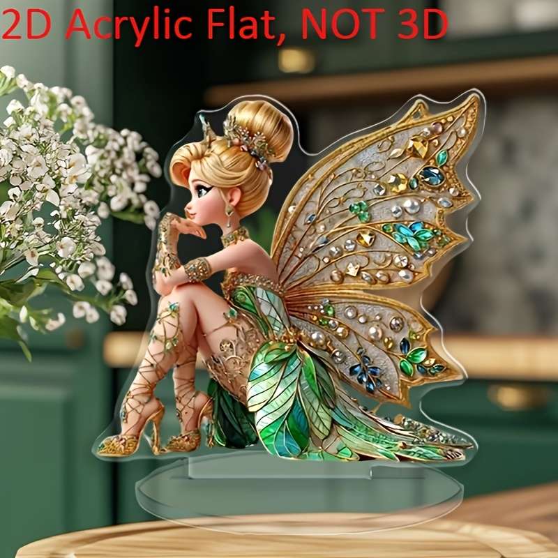 1pc 2D Flat  Acrylic Fairy Figurine with Sparkling Crystals Pearl Accents Elegant Bohemian