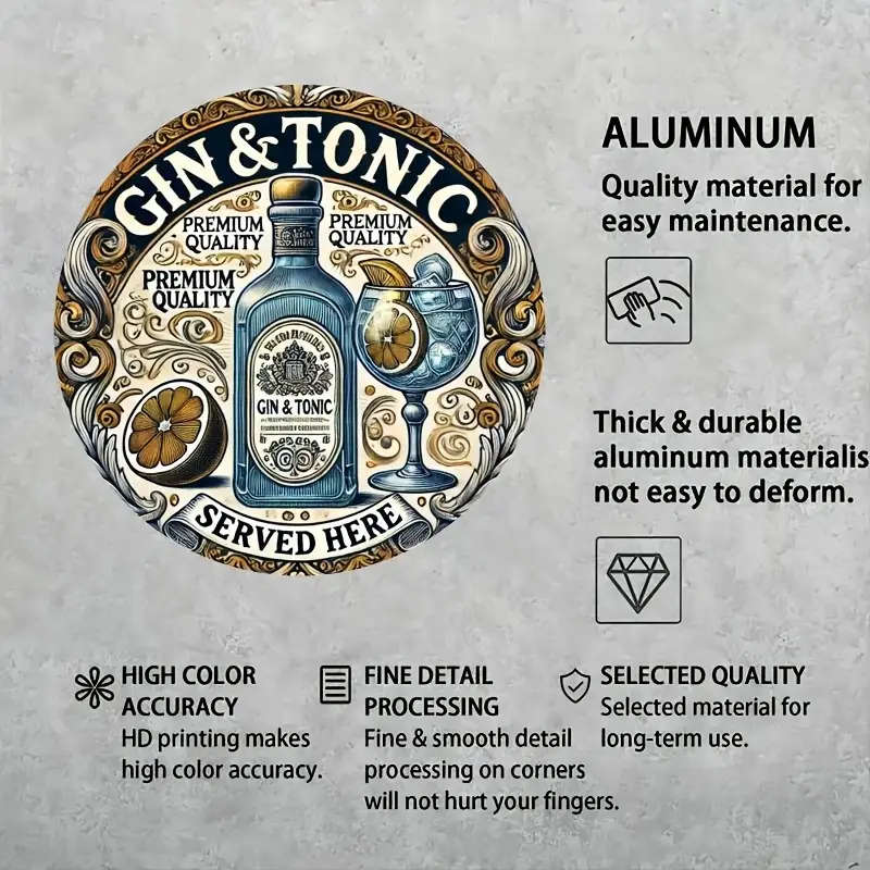 1pc Vintage-Inspired Aluminum Round Sign GIN Tonic Served Here Rustic Home Decor for Walls Windows P