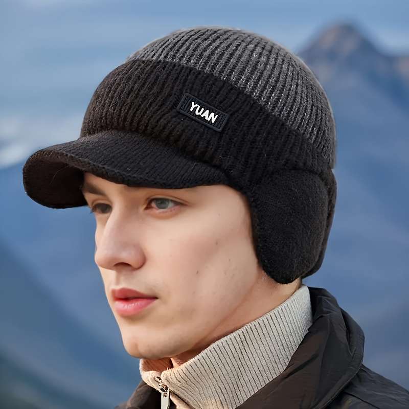 1pc Men'S Winter Ear-Protecting Knitted Cap with Fleece Warm Duckbill Hat for Outdoor Youth Cyclin