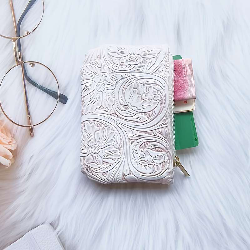 1pc Vintage Floral Embossed Faux Leather Coin Purse Fashion Hard Shell Zippered Key Pouch No