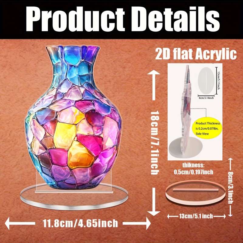 1pc 2D Flat  Acrylic Bohemian Vase Vibrant Mosaic Design Multi-Purpose Tabletop Decor for Home O