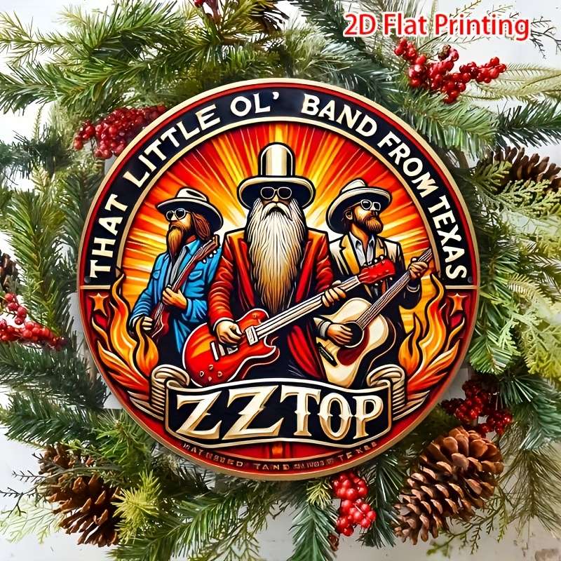 1pc 2D Flat Round 20.32x20.32 cm Vintage ZZ Top Aluminum Round Sign es Fiery Texas Band Desig