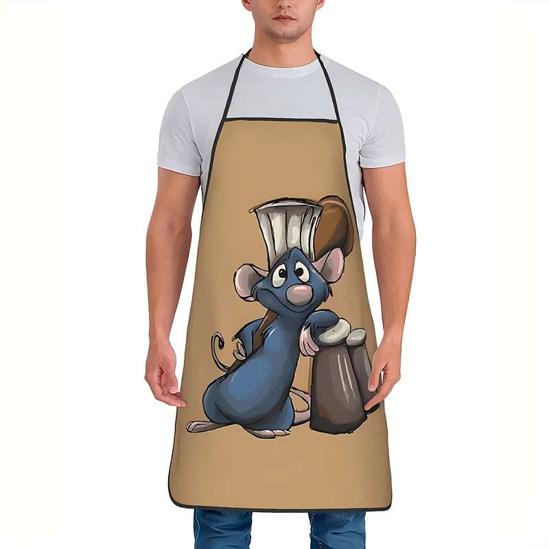 1pc Whimsical Mouse Drum Design Apron 100% Polyester Lightweight Kitchen Apron for Cooking
