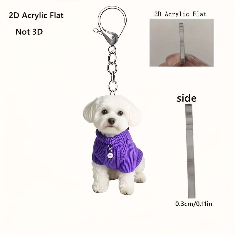 1pc 2D Flat  Acrylic Flat Bichon Frise Keychain Adorable Dog Sweater Design Perfect for Bags Car Key