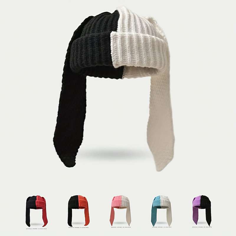 1pc Perfect Breathable Rabbit Ear Beanie Chic Colorblock Knit Rabbit Ear Beanie for Women Stret