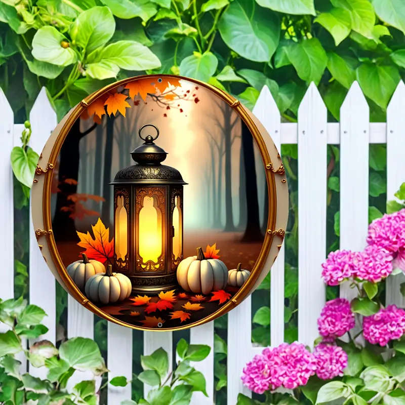 1pc Rustic Lantern Pumpkin Design Aluminum Wall Sign 19.99 cm Round Safe Rounded Corners Easy Instal