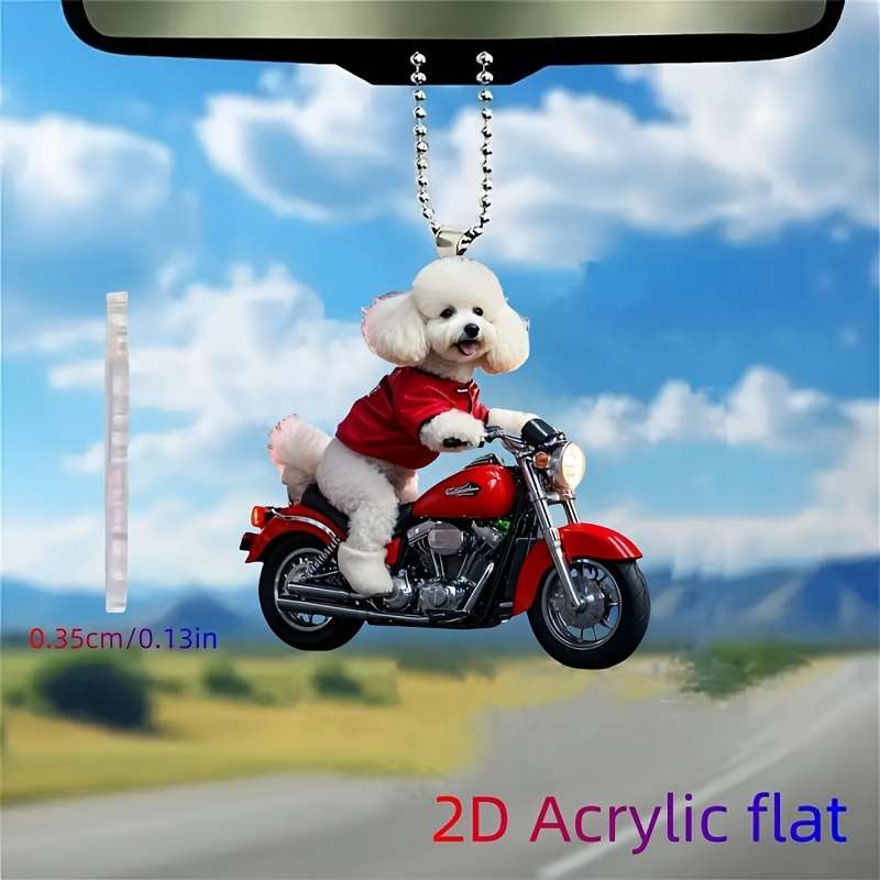 1pc 2D Flat   Adorable Bichon Frise on Motorcycle Acrylic Hanging Ornament Charming Red-Dress