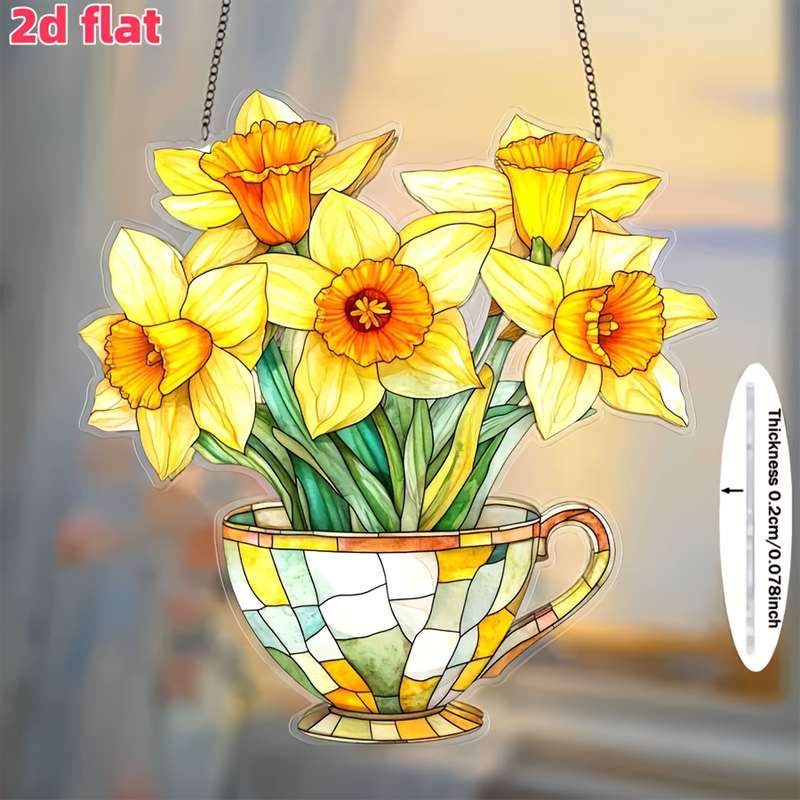 1pc 2D Flat  20.32cm x 20.32cm Acrylic Daffodil Tea Cup Wall Hanging Vibrant Yellow Orange Flora