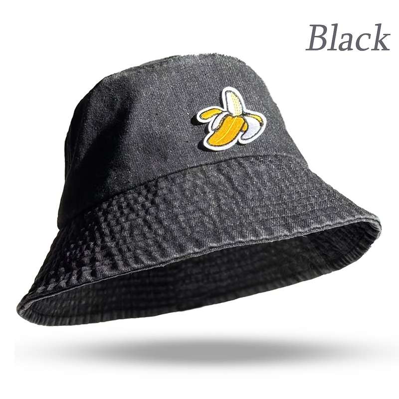1pc Unisex Embroidered Banana Bucket Hat 100% Polyester Denim Fisherman Cap Soft Washed Fabri