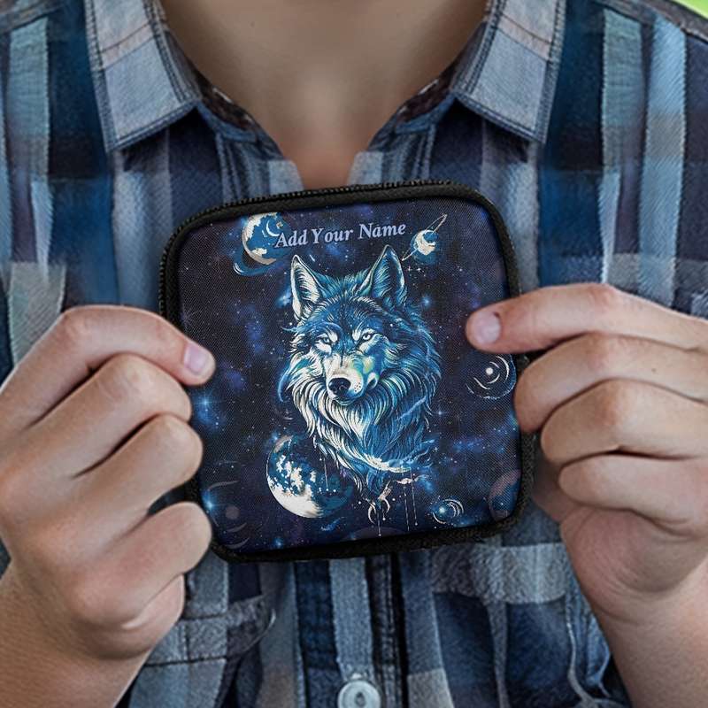 1pc Starry Arctic Wolf Coin Purse Customizable Name Black Polyester Mini Wallet with Keychai