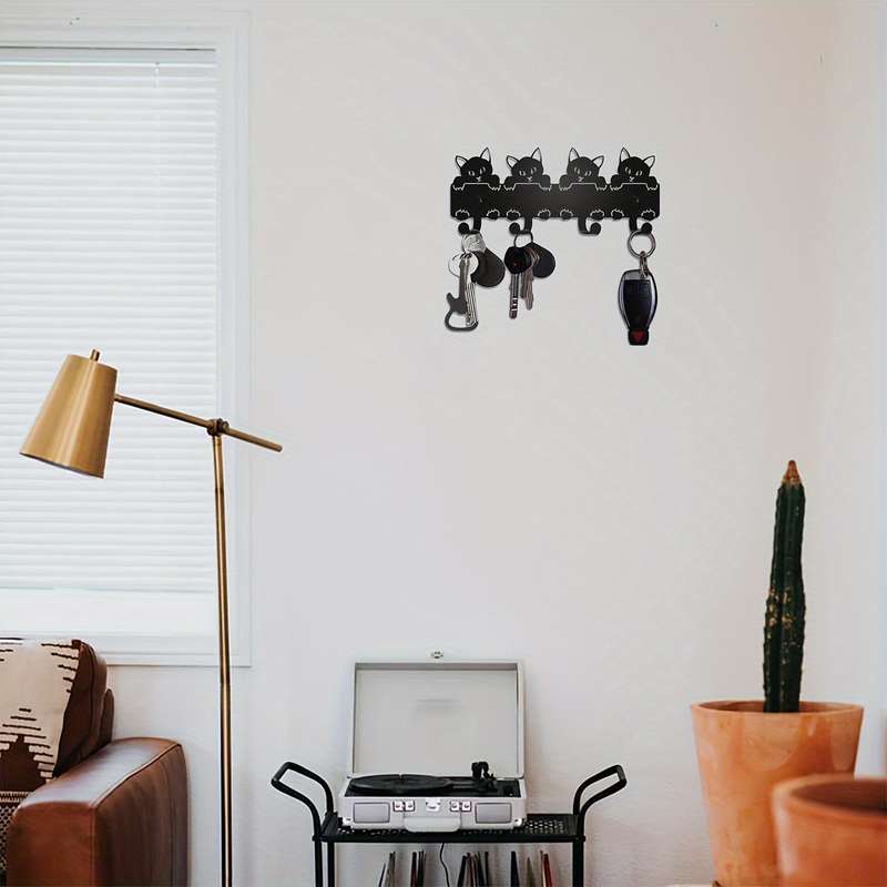 HELLOYOUNG Playful Cat-Themed Black Metal Key RackWall Mounted Decorative Entryway Organizer wit