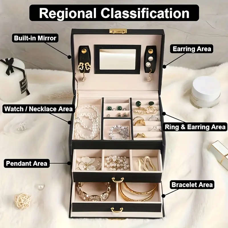 1pc Elegant Black Faux Leather 3-Tier Jewelry Organizer Box with Pink Interior Detachable Tray Mirro