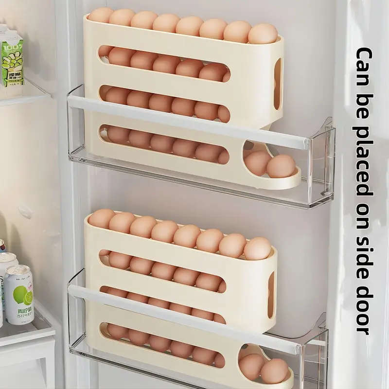 4-Tier Sliding Egg Holder, Large Capacity Automatic Roll-Off Egg Storage Box for Refrigerator Side D