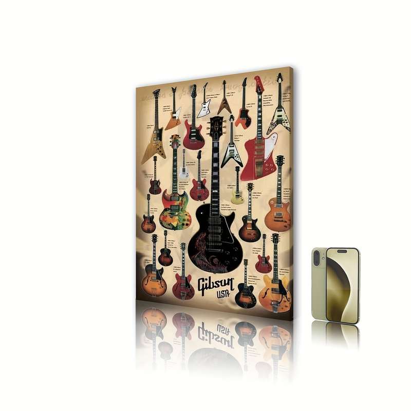 1pc Gibson Guitars Showcase Wooden Framed Canvas Wall Art Vintage Music Decor with 12 Iconic Elec