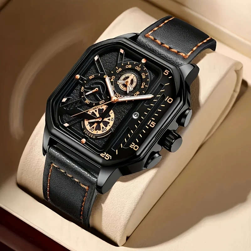 1pc Men'S Vintage Sports Chronograph Watch Large Square Dial Faux Leather Strap Quartz Movement Cale