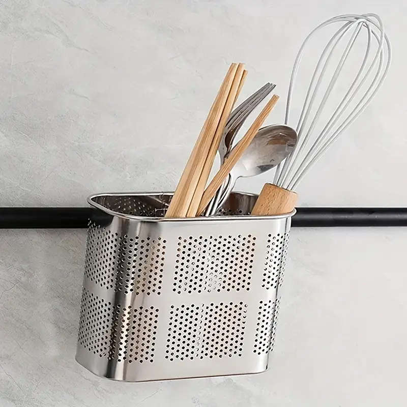 1pc Stainless Steel Chopstick Holder with Drain Rack Dual-Compartment Multi-Functional Storage Organ