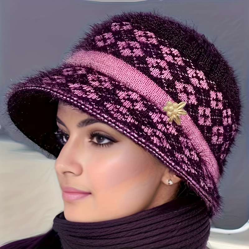 1pc Festive Fantasy Women's Knitted Hat with Pompom Ears Lightweight Color-Blocked Design Suita