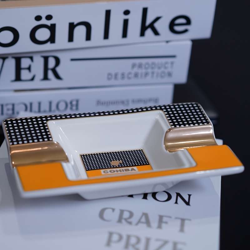 1pc Elegant Ceramic Cigar Ashtray with Dual Slots C Classic Rectangular Design Sparkling Decorativ