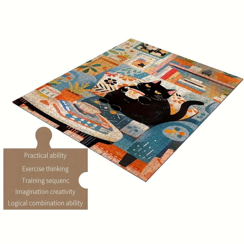 1000pcs Jigsaw Puzzle for Adults Families Black Cat Enjoying Coffee Design Woode